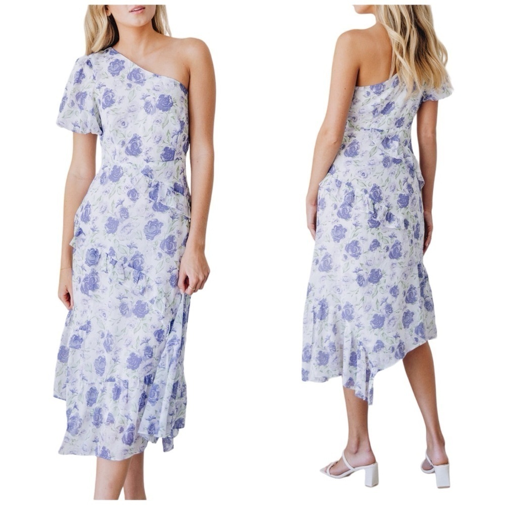 All in Favor One Shoulder Floral Rose Ruffle Flowy Midi Dress with Front Slit
